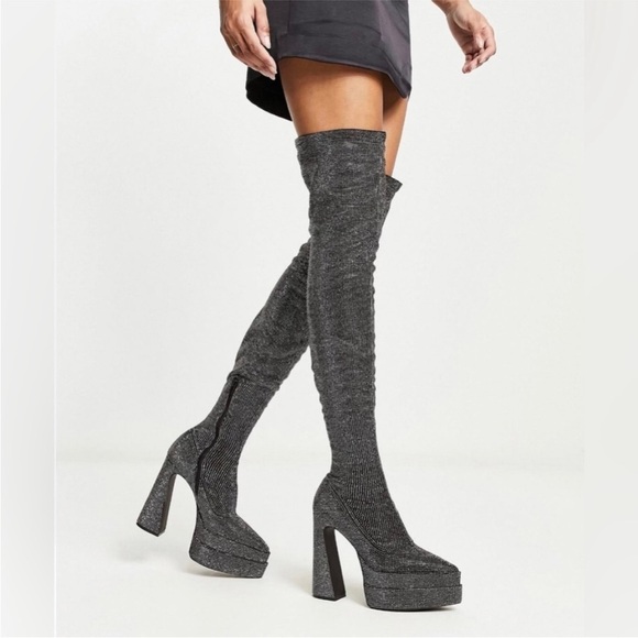 Steve Madden Sultry Rhinestone Thigh High Pointy Toe Platform Heeled Boot 8 1/2 - Picture 16 of 16